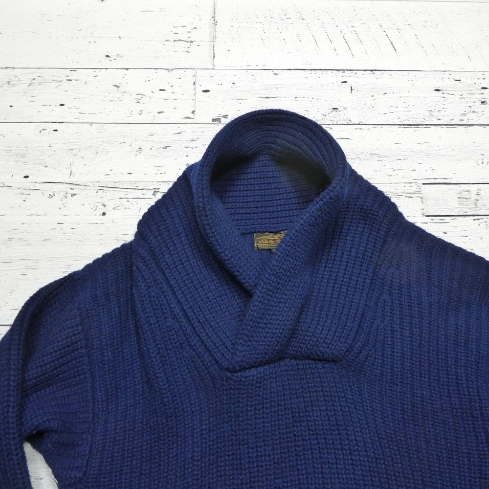 Vintage Eddie Bauer Sweater Mens Medium Blue Wool Shawl Collar Chunky Knit
